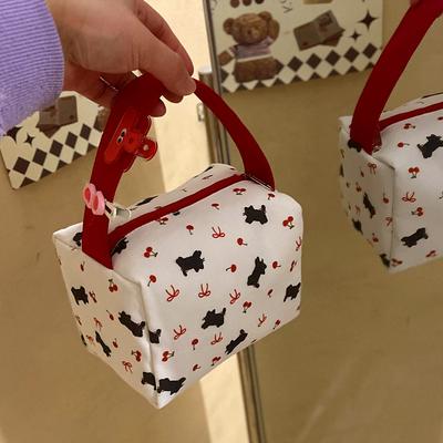 Cute Black Cat Cherry Bow Print Handheld Cosmetic Bag High Capacity Travel Portable Sundries Storage Bag  Makeup Bag Gift