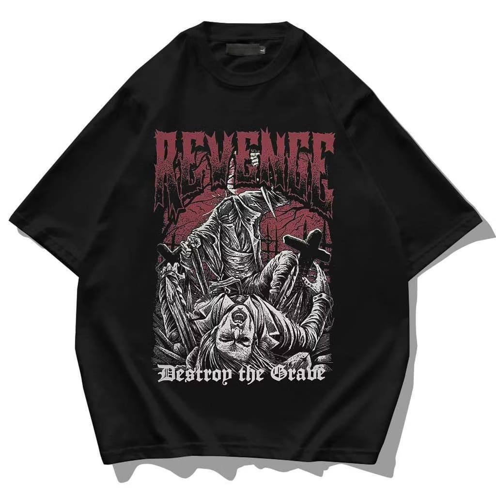 Vinatage “Destroy the Grave" Dark Revenge Style Graphic Tee – Gothic Horror Streetwear T shirt S-5XL