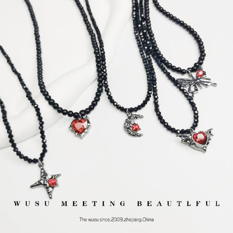 Fashionable Necklace Adornment With Black Crystal Beads Highlighting Heart And Butterfly Symbols For Modern Women