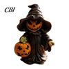Halloween Pumpkin Ornament Witch Statue with Pumpkin, Cute in Pointed Hat & Black Robe, Resin Gothic Wizard Figurine Tabletop Decor for Desk