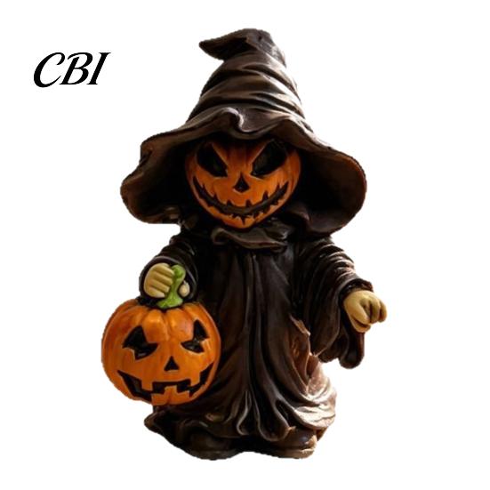Halloween Pumpkin Ornament Witch Statue with Pumpkin, Cute in Pointed Hat & Black Robe, Resin Gothic Wizard Figurine Tabletop Decor for Desk pumpkin