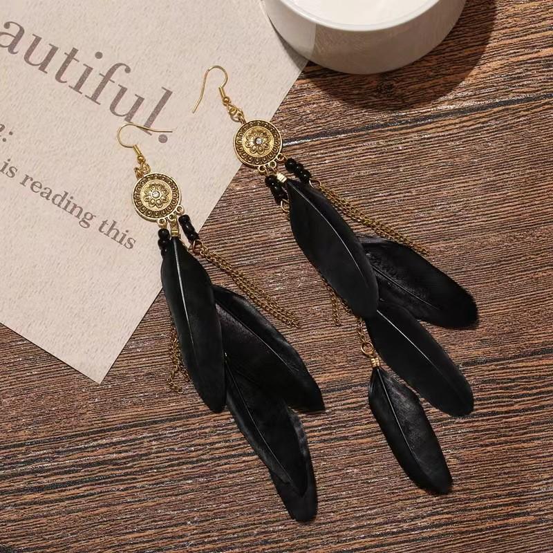 Bohemian Faux Silver Feather Tassel Mosquito Coil Earrings: Summer Retro Ethnic Ear Jewelry