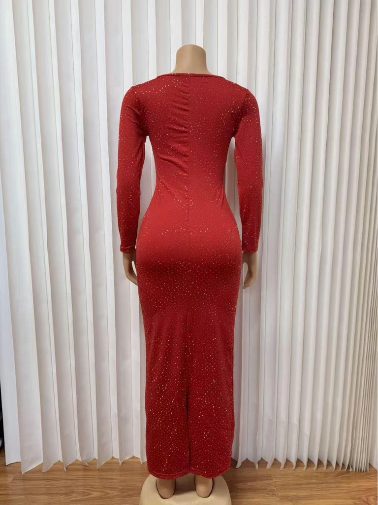 Rochie de seară M10268 Europeană de Lux cu Mânecă Lungă, Croială Slim Fit, cu Detaliu Strasuri Fierbinți