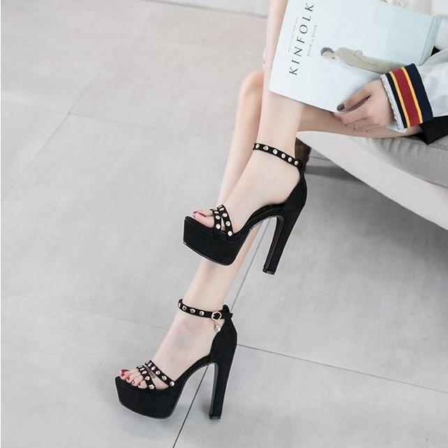 Summer New Versatile 13cm Ultra-high Heel Rivet One-word Buckle Thick Heel Waterproof Table Night Sandals Women