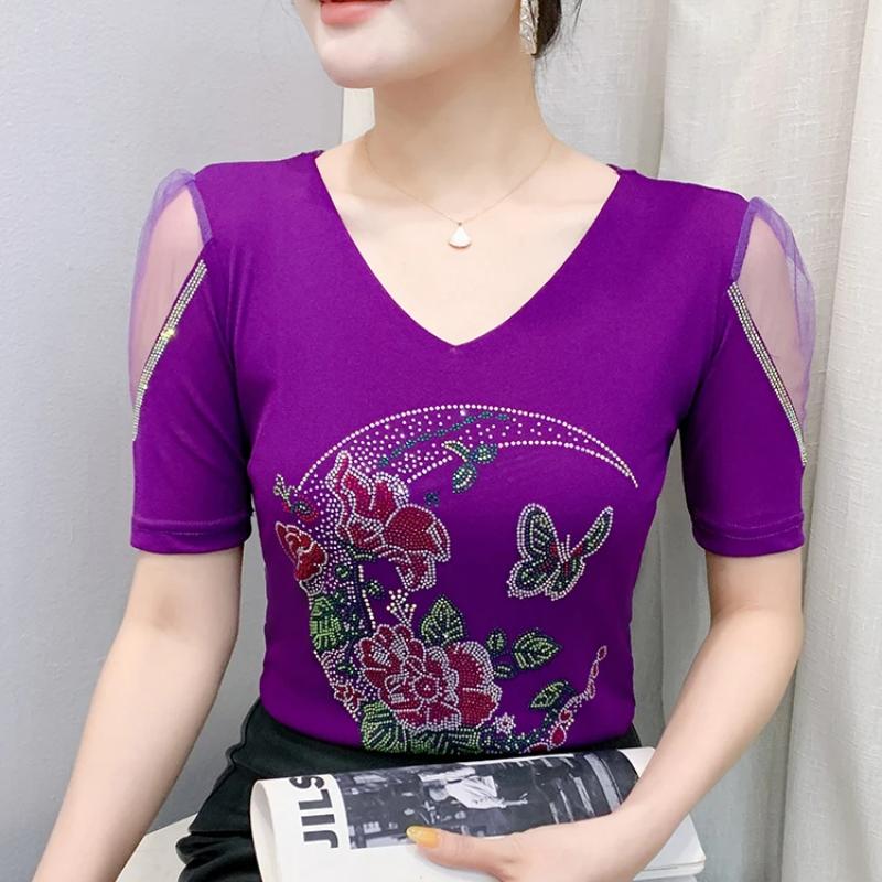 New European V-Neck Women Bling Flower Butterfly T-Shirt Streetwear Hot Diamonds Tees Summer Short Sleeve Slim Tops