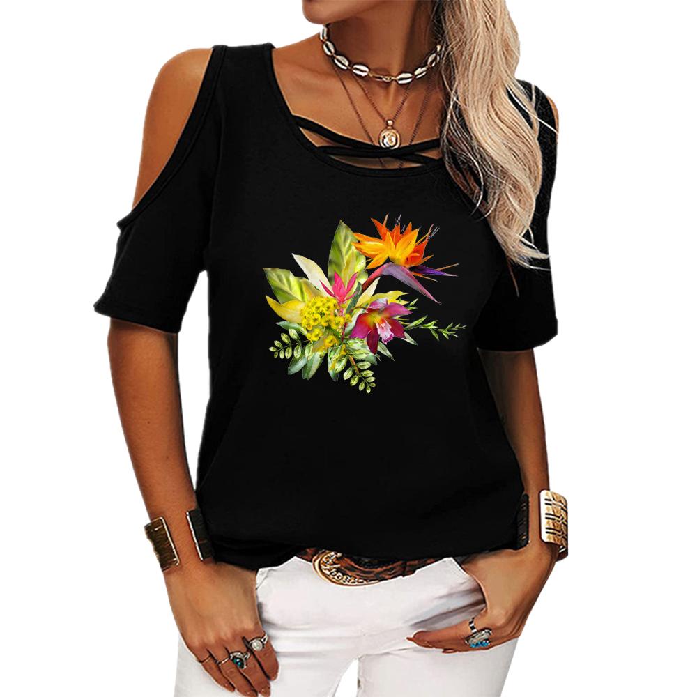 

Женская футболка с открытыми плечами, летняя модная футболка с цветочным принтом и коротким рукавом, женская повседневная футболка с круглым вырезом 5Xl чёрный