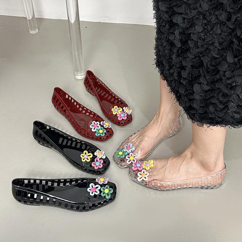 Korean Version of Jelly Shoes Women's 2025 New Shallow Single Shoes Crystal Shoes Square Head Cool Slippers Lazy One Pedal Adult