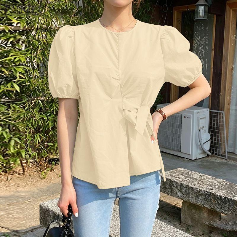 ZANZEA Women Casual Round Neck Solid Color Puff Short Sleeve Blouse