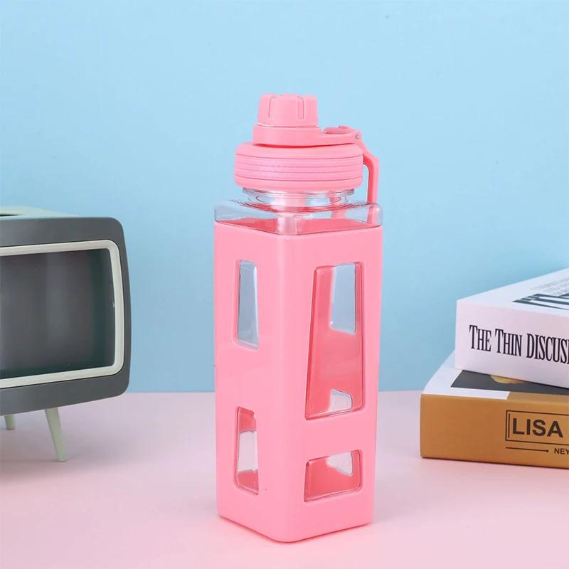 

Бутылка для воды 600 мл, квадратная, для спорта на открытом воздухе, фитнеса, пластиковые стаканчики для воды, переносная, спортивная, дорожная кружка для взрослых и детей, посуда для питья, инструменты 600ML розовый
