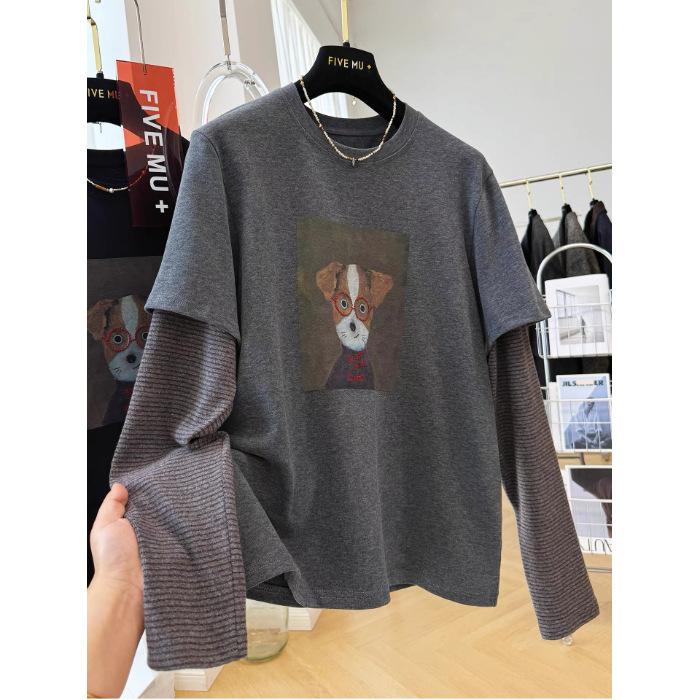 

Женская футболка с длинным рукавом большого размера, молодежная, с принтом, матовая, в полоску, имитация футболки M серый