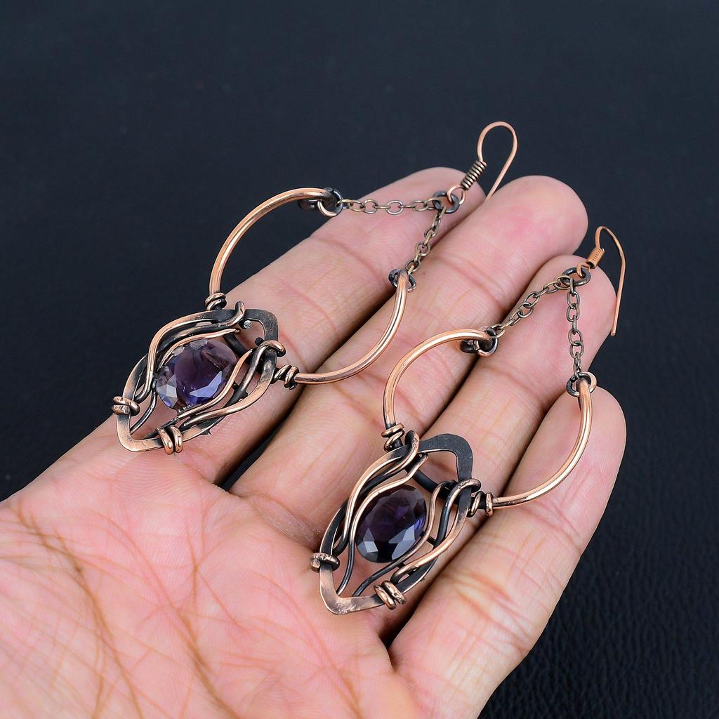 Amethyst Earrings Gemstone Jewelry, 999 Copper Wire Wrapped Earrings, Gift For Women Handmade Earrings