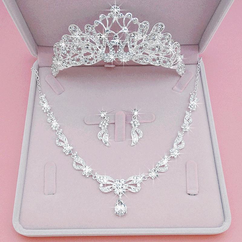 BY4334 Bridal Rhinestones Crown Necklace Earrings Set Wedding Crown Jewelry Set