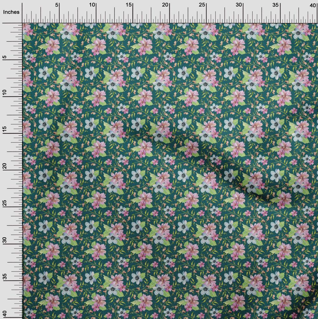 oneOone Cotton Flex Fabric Watercolor Leaves & Flower Floral Print Sewing Fabric BTY 40 Inch