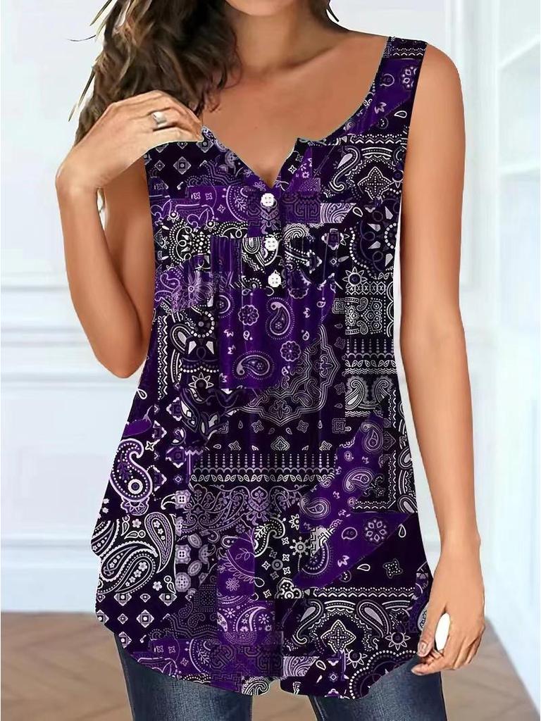 Plus Size Spring/Summer Paisley V-Neck Button-Down Loose Top for Women