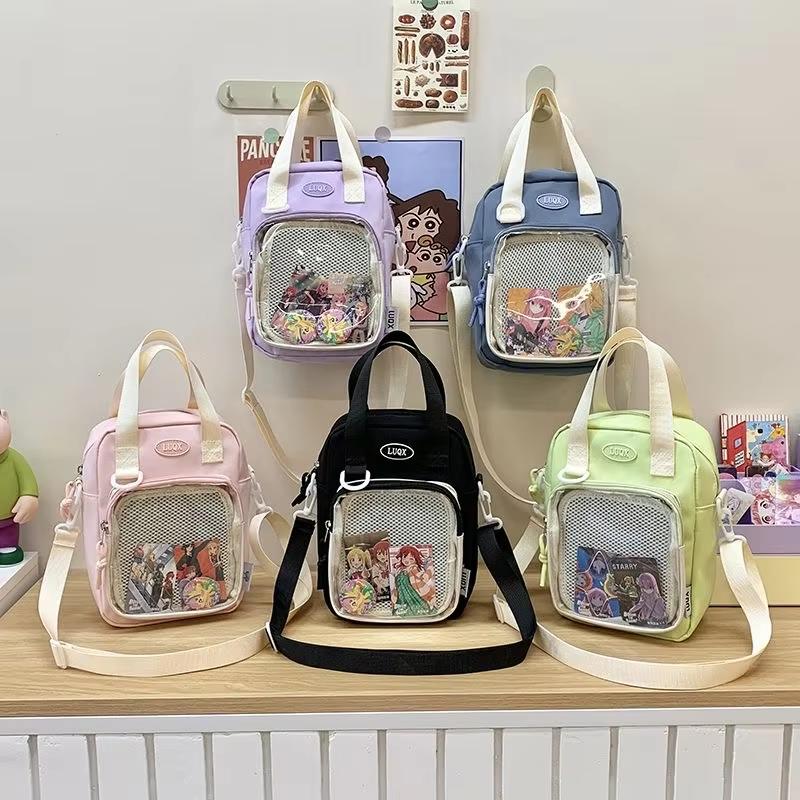 Y2K Cute Cartoon Cat Ita Shoulder Bags Mini Women Casual Crossbody Bag Kawaii Girls Transparent Pocket DIY Display Nylon Handbag