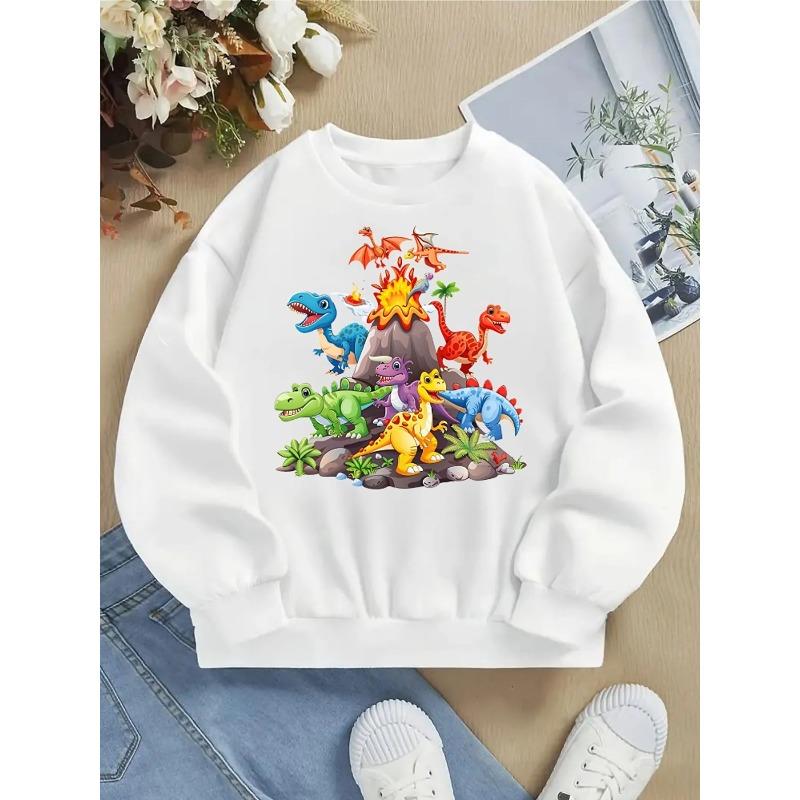 Girls' Trendy Crewneck Sweatshirt Featuring a Dinosaur Party Scene, Perfect for Autumn And Winter. This Long-Sleeved T-Shirt