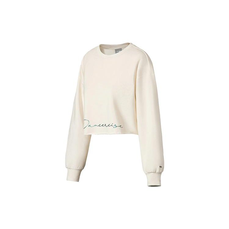 Li Ning Fitness Series Letter Print Loose Round Neck Pullover Sweatshirt Women Sweatshirt Off-White AWDS038-7