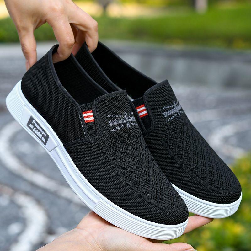 Old Beijing Cloth Shoes for Men, Breathable Fly Woven Men's Shoes, Soft Soled Anti Slip Driving Shoes, One Foot Lazy Shoes