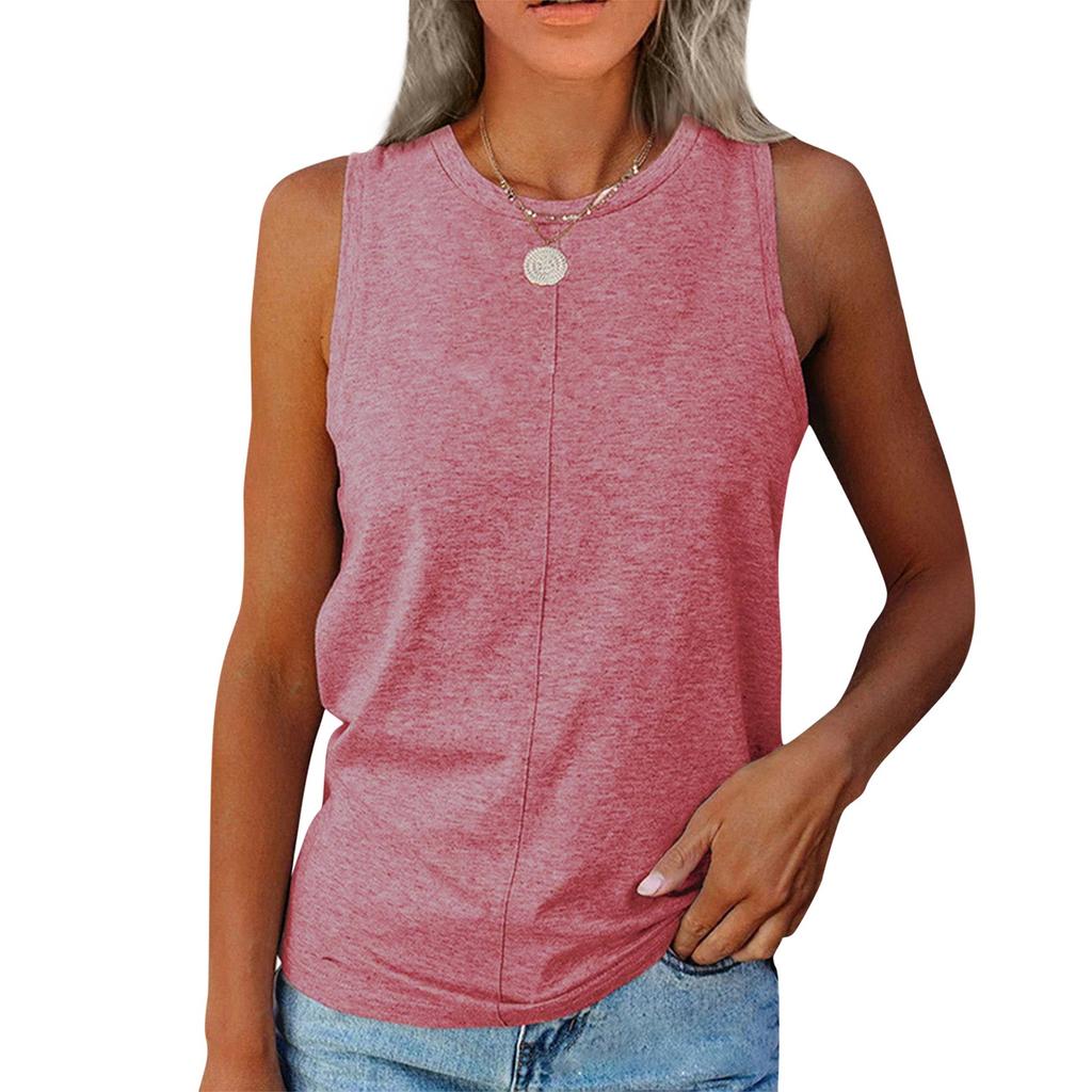 Women's Fashion Solid Color Round Neck Sleeveless Casual T-shirt Tank Top Summer Pullover