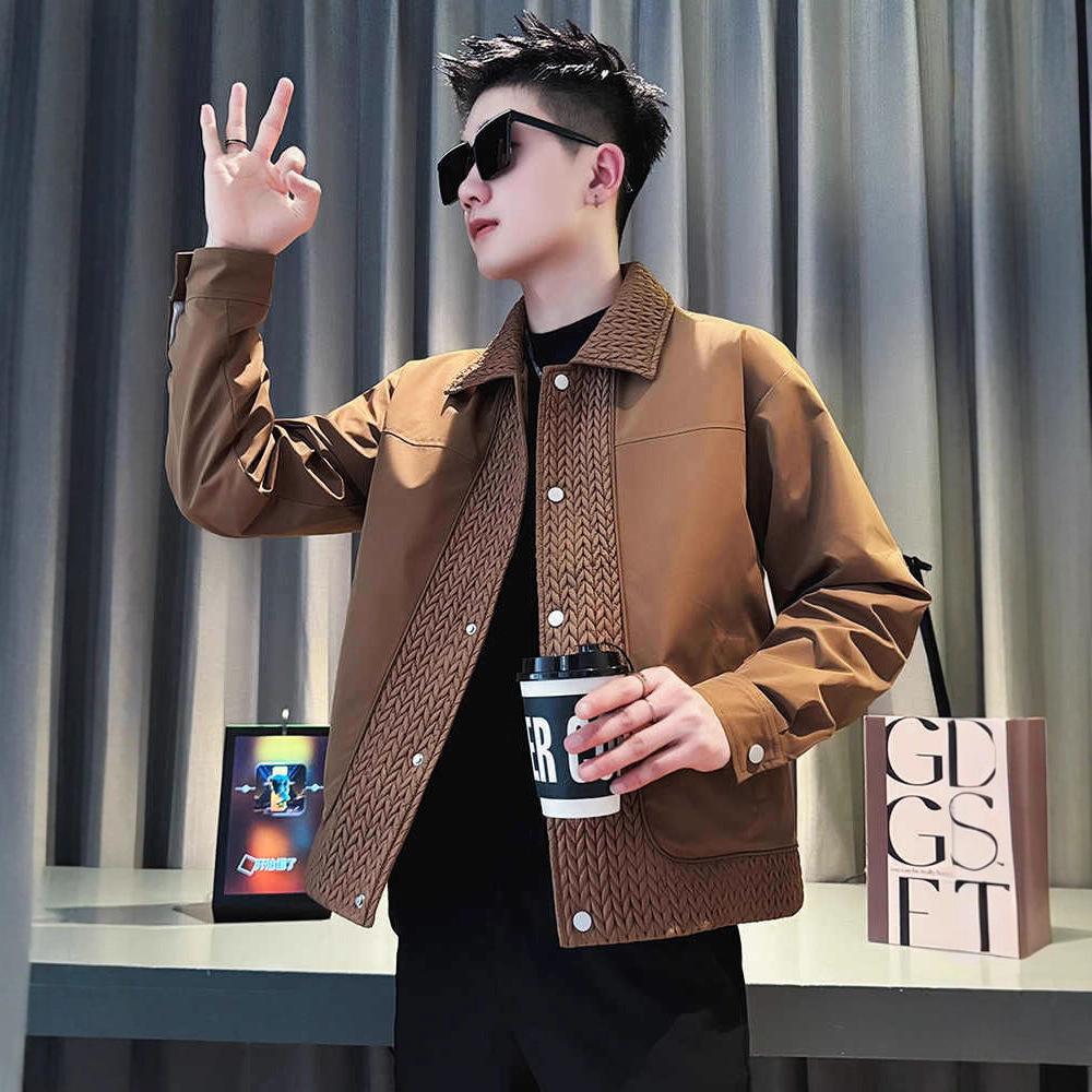Design Sense Splicing Jacket Men's Autumn and Winter Trendy Brand Ruffian Handsome Lapel Jacket 2025 New Men's Autumn Short Top