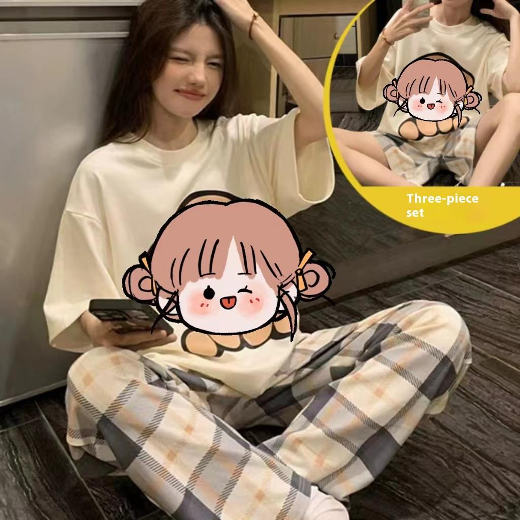 

Летняя молочная шелковая пижама из трех предметов, домашняя одежда, новый женский комплект с рисунком для девочек-студенток в корейском стиле, милый свободный комплект домашней одежды L