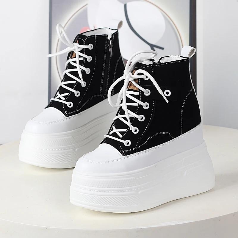 

Модные женские кроссовки на массивной подошве 12 см, осень-зима, ретро, из натуральной кожи, на шнуровке, женская спортивная обувь, женские повседневные кроссовки на платформе 38 чёрный