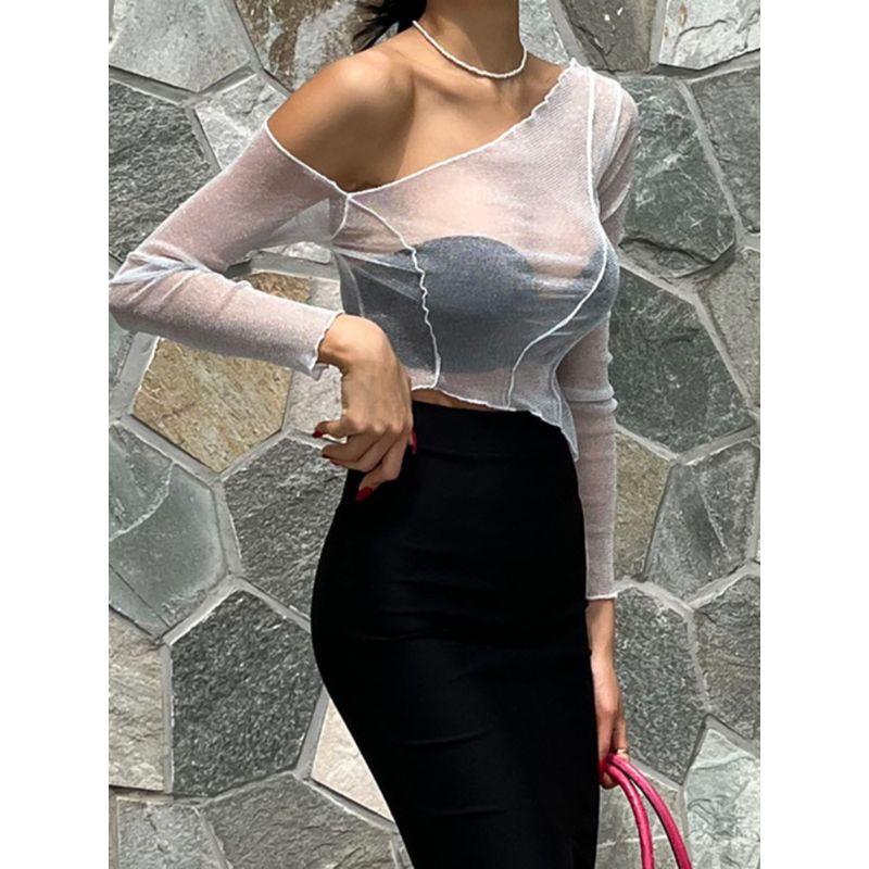 Sexy T-shirt Cross-Shoulder Long Sleeve Mesh Base Shirt