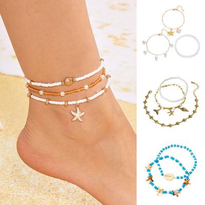 Bohemian Seashell Starfish Anklet Beach Vacation Foot Jewelry with Faux Pearl & Beaded Strands Layered Design Summer Gift for Women
