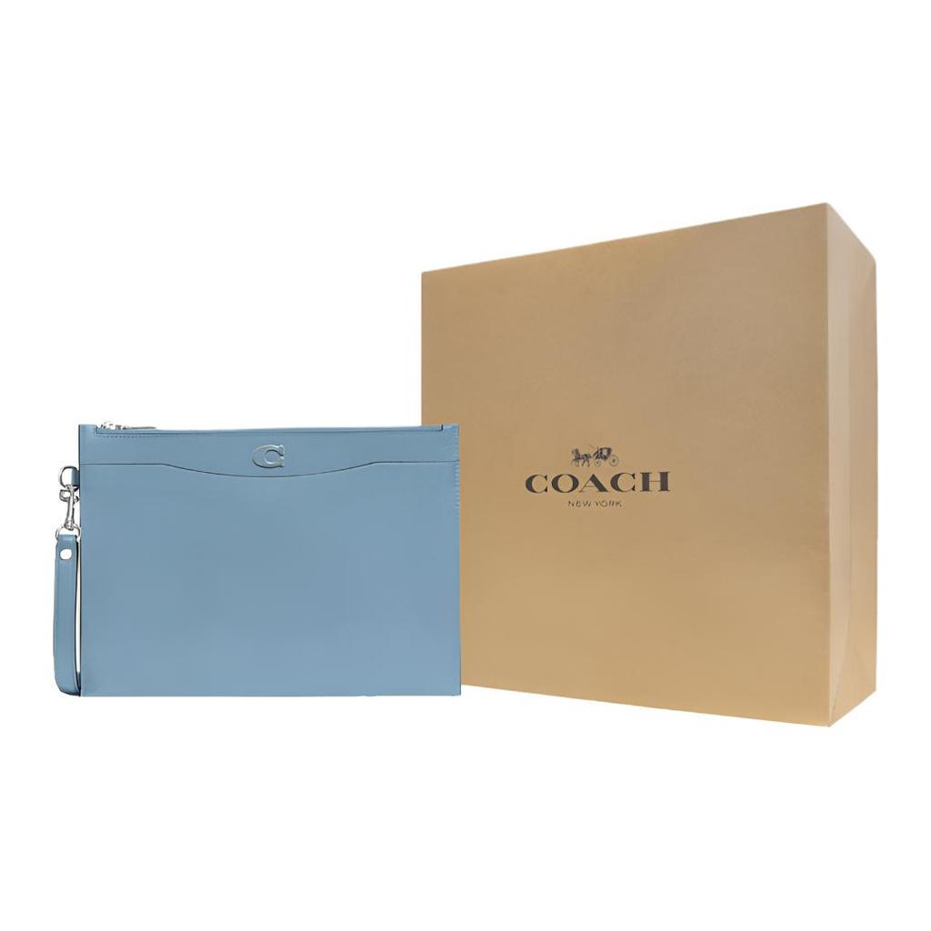 Coach Wristlet 30 Solid Logo Letter Zipper Closure Crosshatch Canvas With Leather Mahjong Clutch Bag Large Women Clutch Blue CJ798-POL