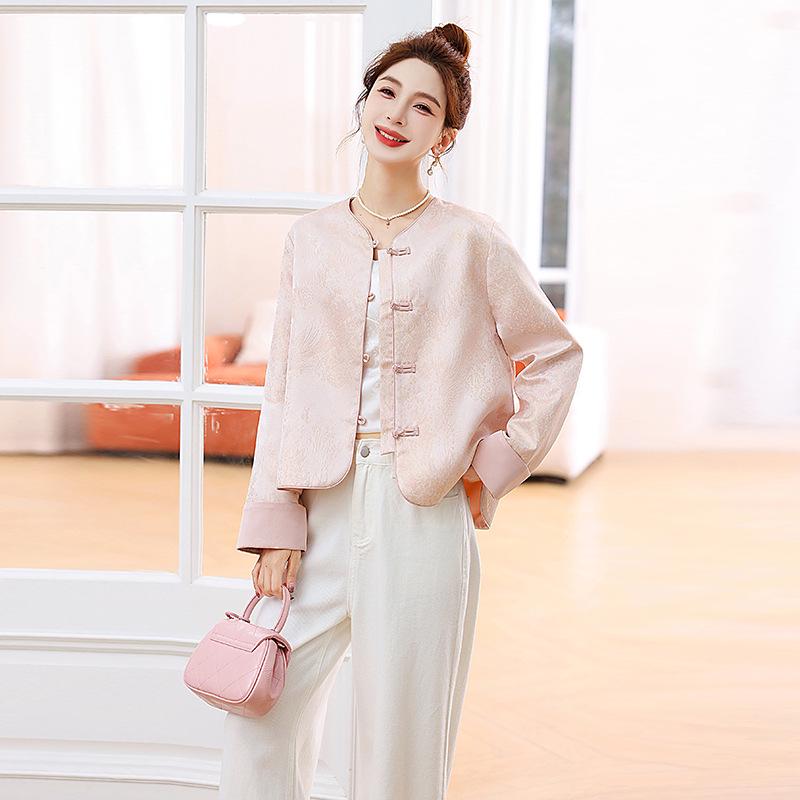 2025 Women's Spring Jacquard Color Block Retro Jacket with Frog Buttons