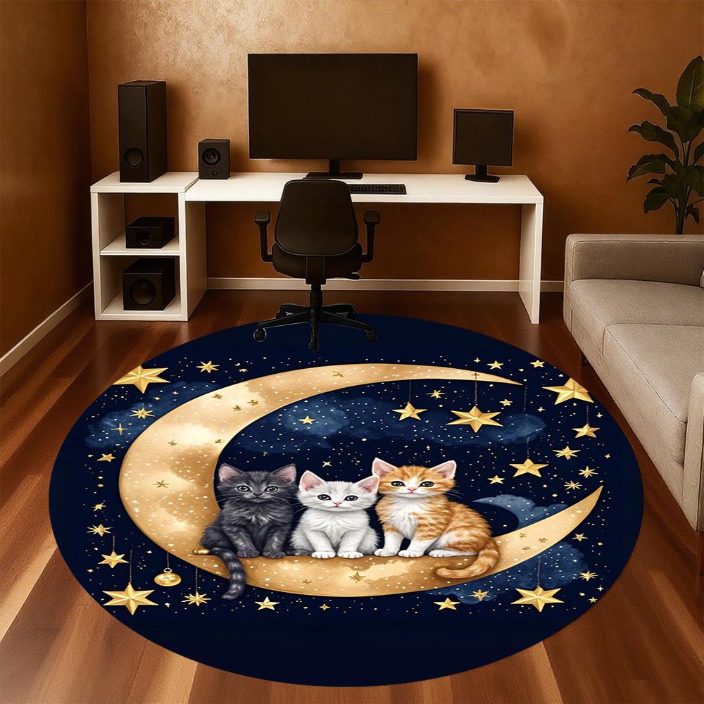 1PC Cats Moon Stars Round Chair mat Area Rug - Non-Slip, Floor Mat for Office, Bedroom, home decor Christmas Gift c0528045