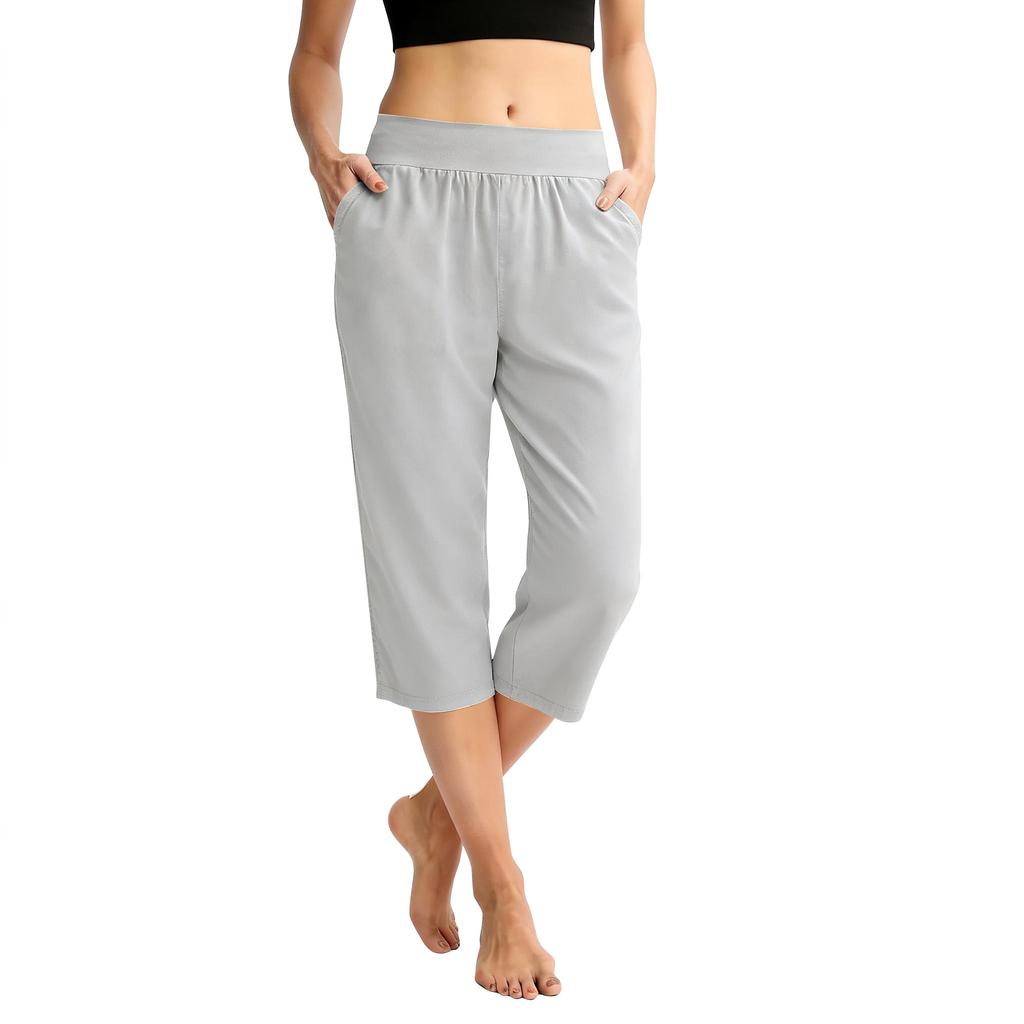 Women Elastic High Waist 3/4 Pant Casual Fit Wide Capris Leg Pants Trousers With Pockets