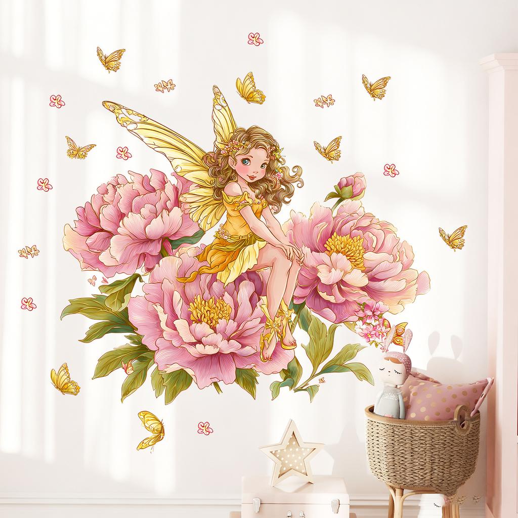 Creative Cartoon Hand Painted Flower Fairy with Butterflies Wall Sticker Self-Adhesive Removable for Kids Room Home Decor