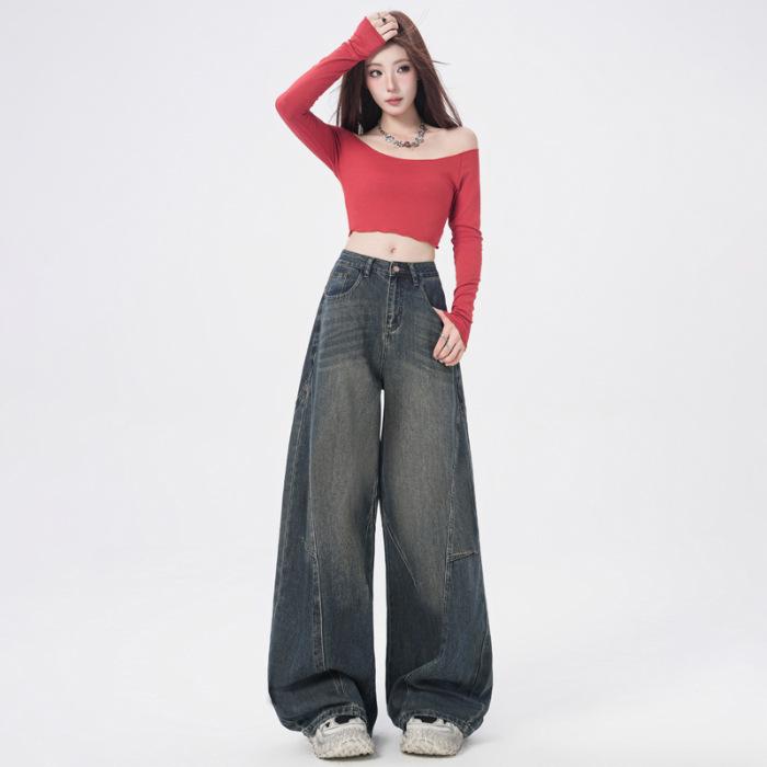 

Autumn Trendy Chinese Style Loose Wide-Leg Jeans for Women Large