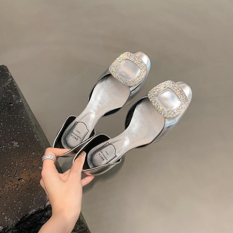 Signature Action~ Square Buckle Rhinestone Silk Satin Hollow Sandals Women's Shoes Chips