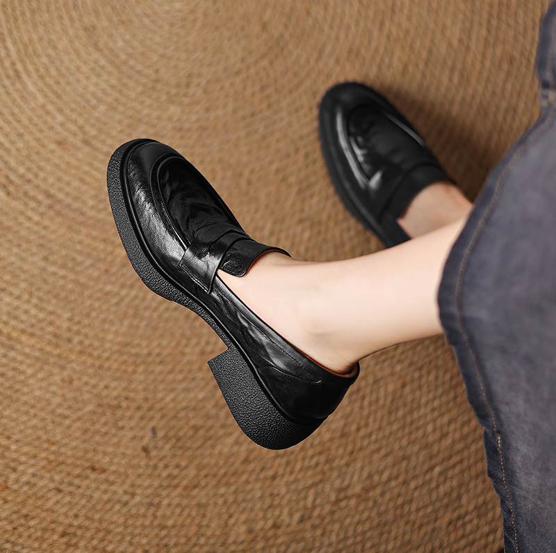 Krazing Pot Sheepskin Autumn Winter Shoes Slip on Chunky Heels Oxford Shoes Size 43 Round Toe Deep Mouth Waterproof Pumps