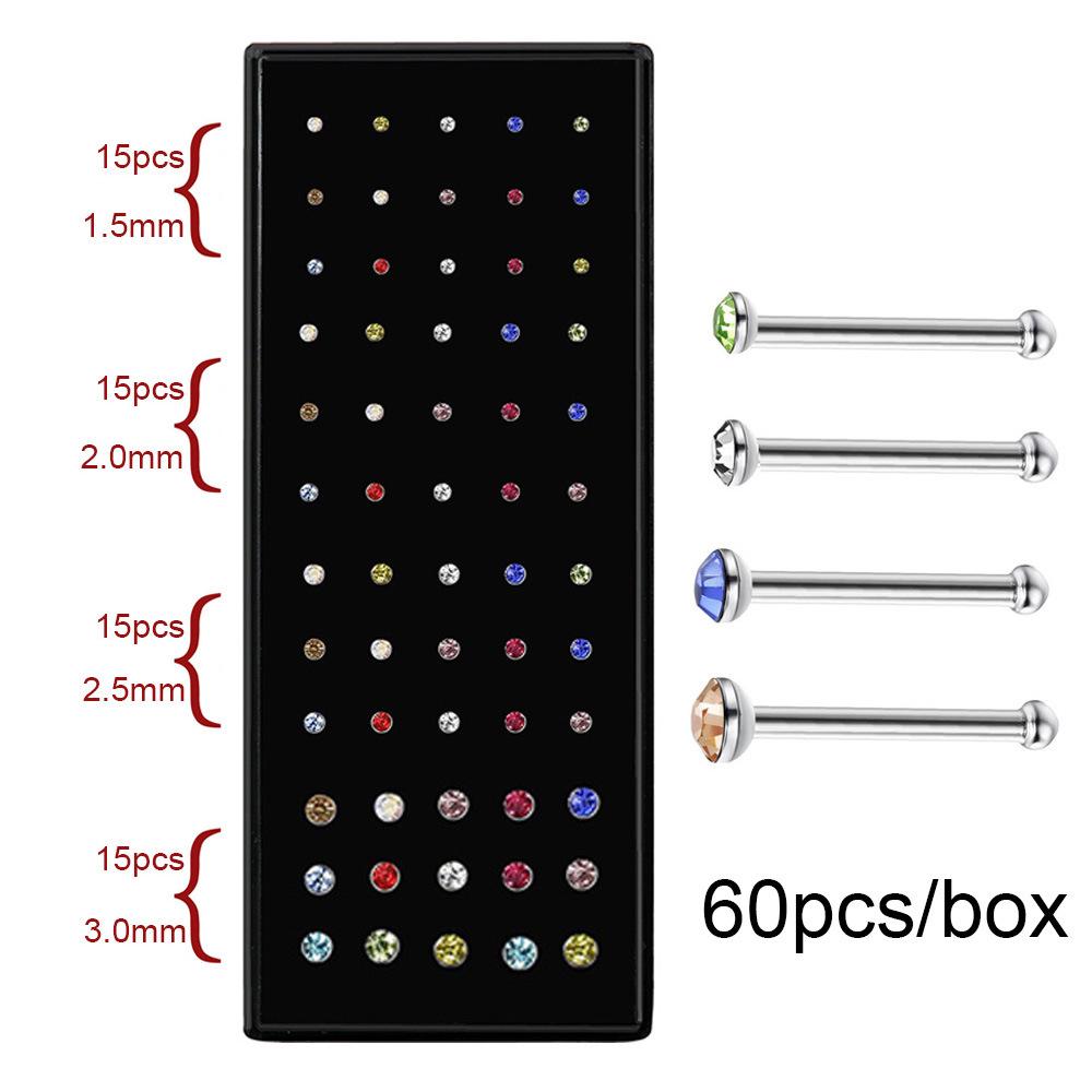 Stainless Steel Boxed Nose Studs and Rings: 60/40 Pieces, 1.5-3.0mm, Straight & L-Shaped Bar