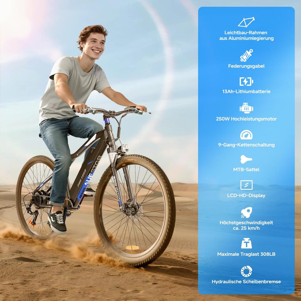Men’s 27.5" Electric Mountain Bike, 250W Motor, 13Ah Battery, Range 30-60 Km, 9-Speed Gear