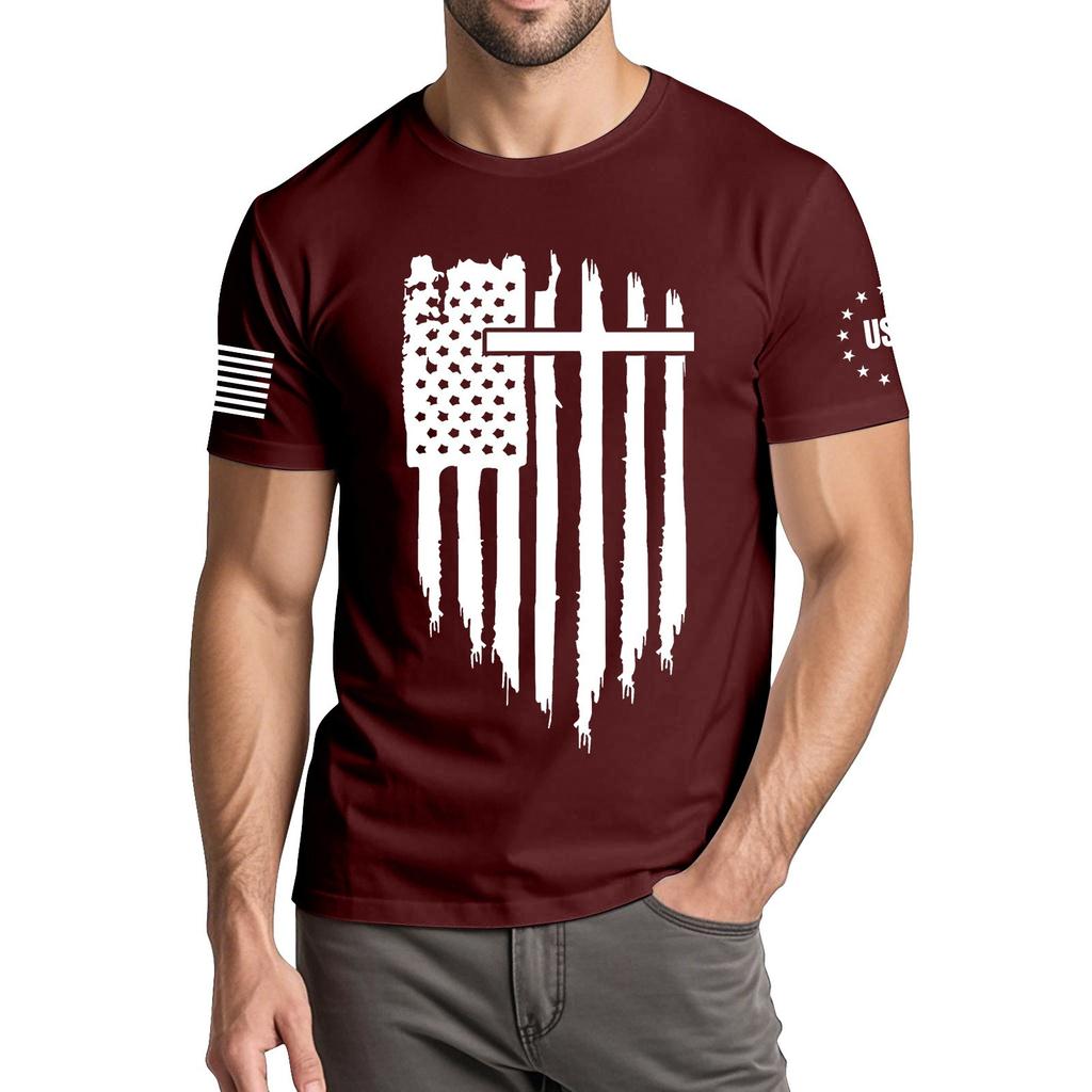 Men's Fashionable Casual Independence Day Printed Round Neck Short Sleeve T-Shirt Top