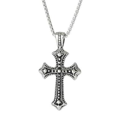 Silver Cross Pendant Necklace with Titanium Venetian 70cm Punk Boyfriend Gift [Rockyu] Men's Dots, Engraved, Stylish, Steel, Chain, Long, Amulet,