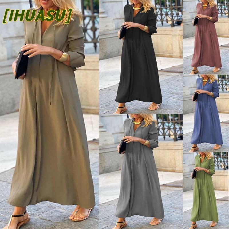 IHUASU Fashion Autumn Winter Solid Color Print Long Sleeve V-Neck Casual Dresses International design