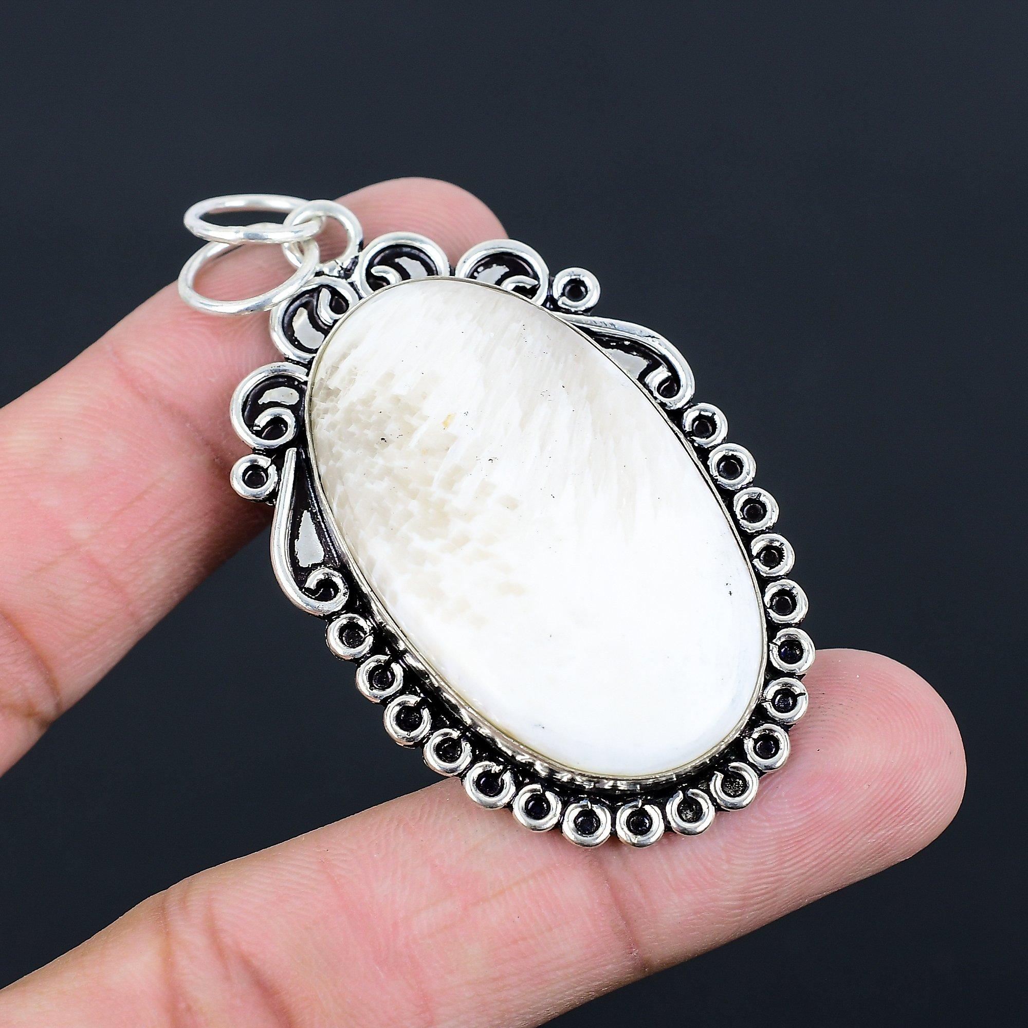 Daughters Day Sale Crown Chakra Scolecite Gemstone 925 Silver Bezel Boho Pendant