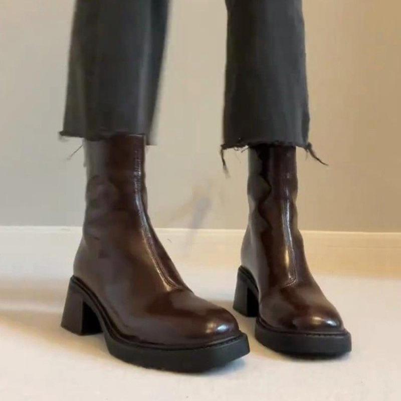 New Black  Omen's Shoes Genuine Leather Women's Boots Thick Soled Coarse Boots Women's Solid Color Women's Shoes High Heel Boots