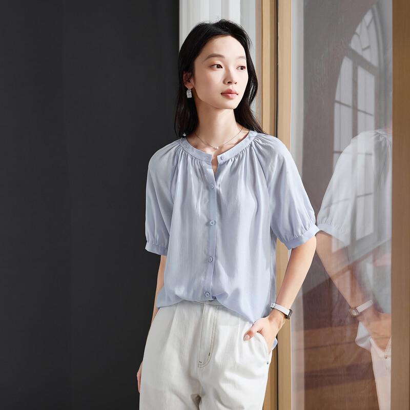 Women s French Style Puff Sleeve Pleated Round Neck Shirt L