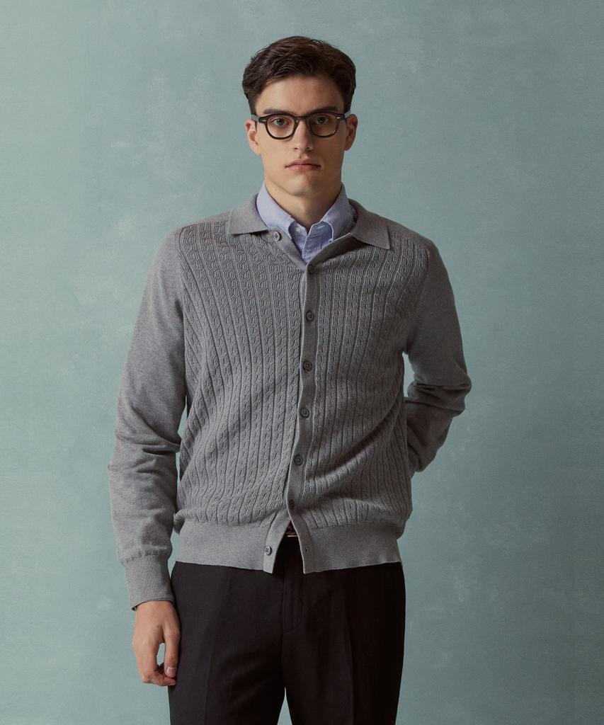 Brooks Brothers Cotton Cable Polo Cardigan (Grey) (Bbwcmmf302)