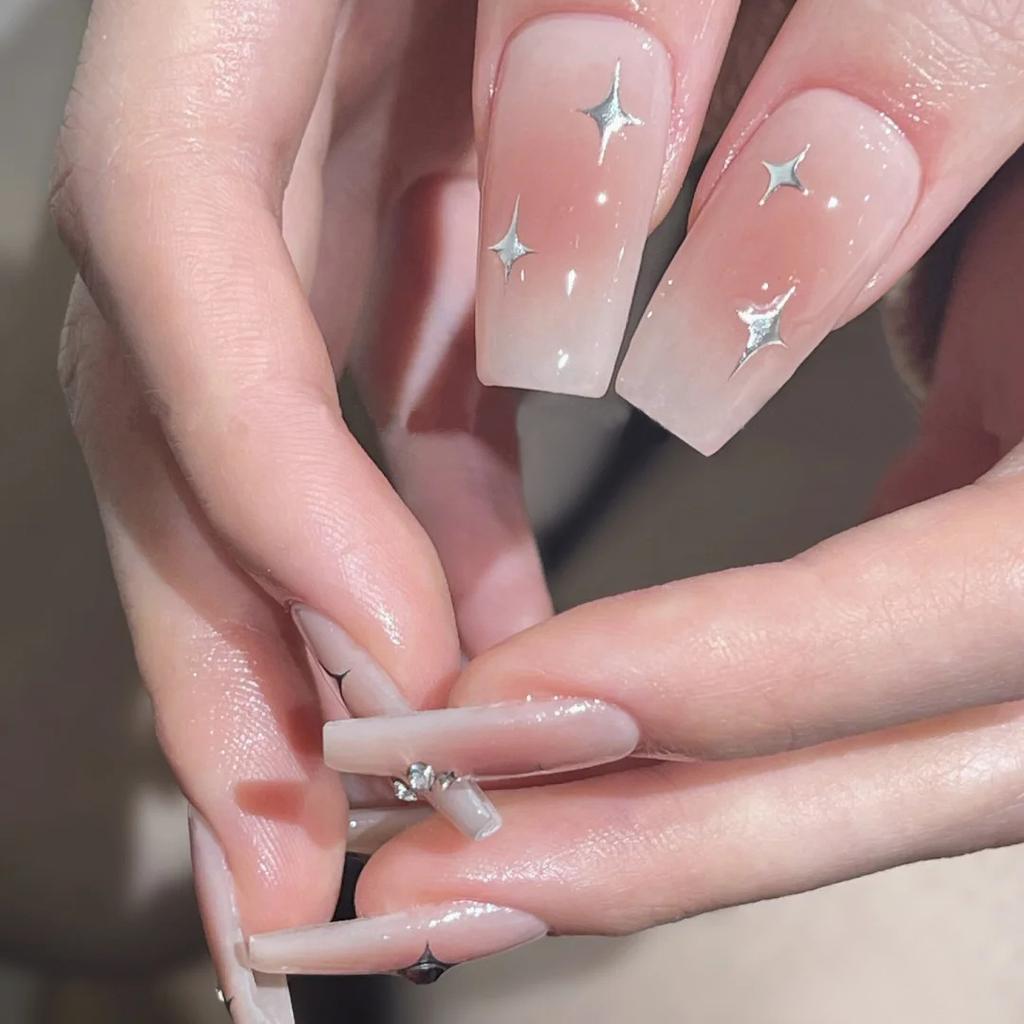 Blusher Pink Style Press-on Nail Glossy Light Pink Star Print Aritificial Nail for Women Shopping and Dating