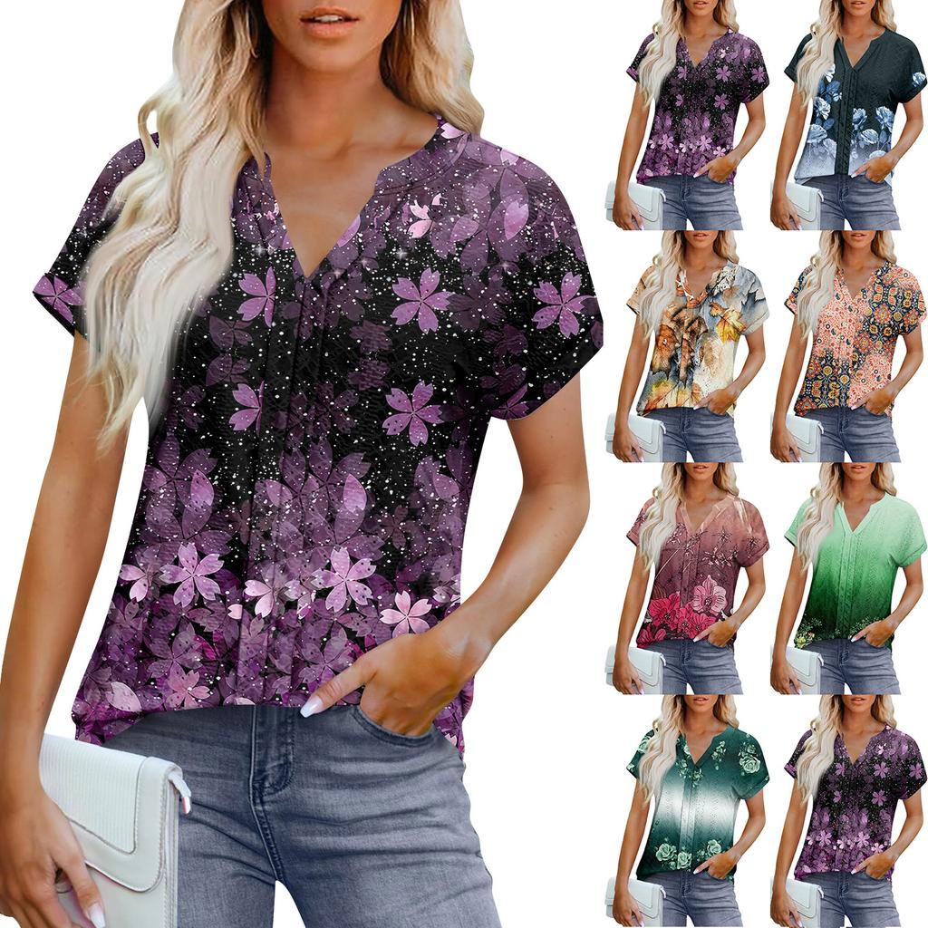 Womens Tops Short Sleeve V T-Shirt Blouse Dressy Causal Printing  Eyelet Embroidery Summer Fashion Clothes