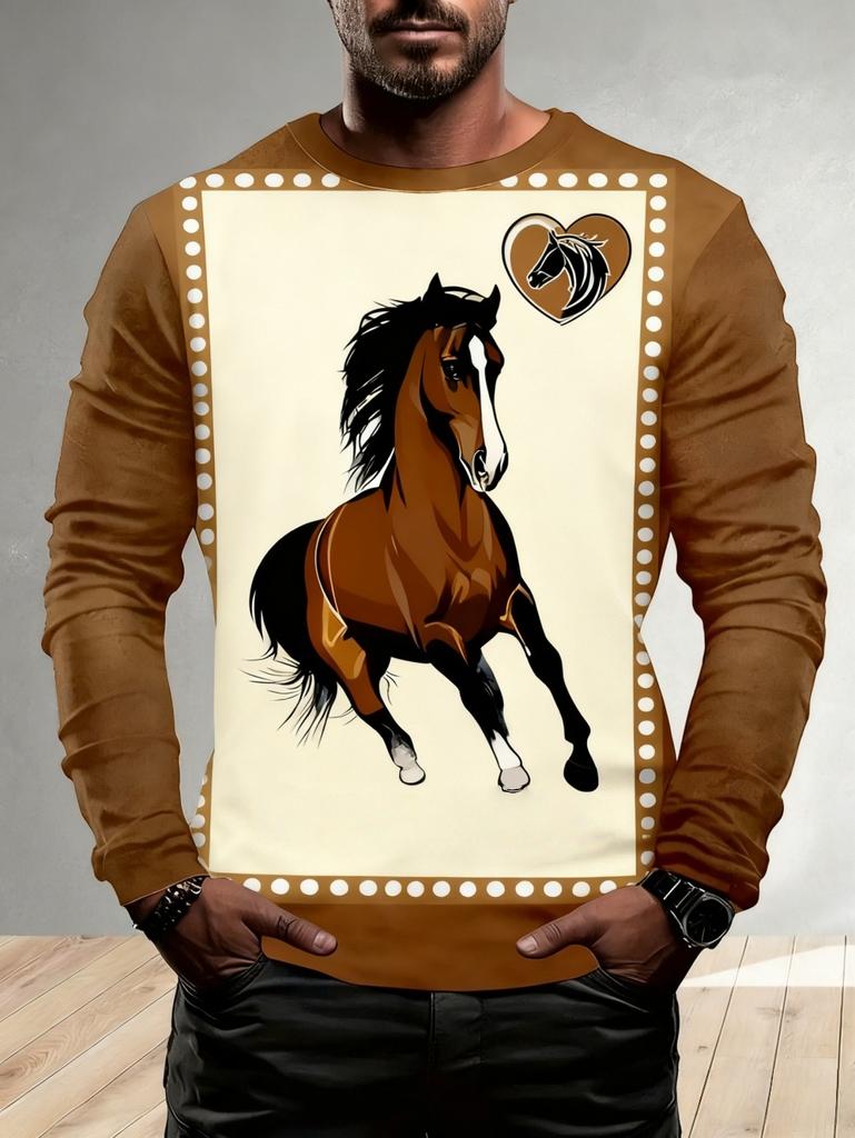 Men's T-Shirt Running Horse Graphic 3D Print Fashion Long Sleeve Crew Neck Unisex Tee Shirt Casual Summer Personality Men's Top