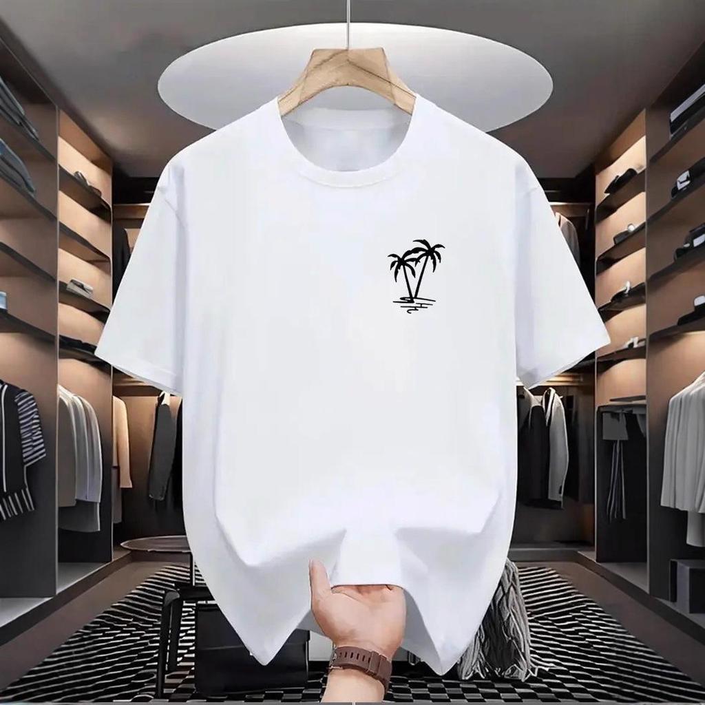 Men's Summer Coconut Tree Vacation T-Shirt, 230g Heavyweight Pure Cotton, Round Neck, Short Sleeve, Casual Style.