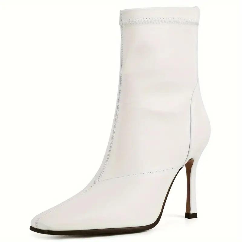 Women’s Square Toe Stiletto Ankle Boots - Black PU Cover Mid-Calf Boots with Side Zipper, Fashionable All-Match High Heel Shoes